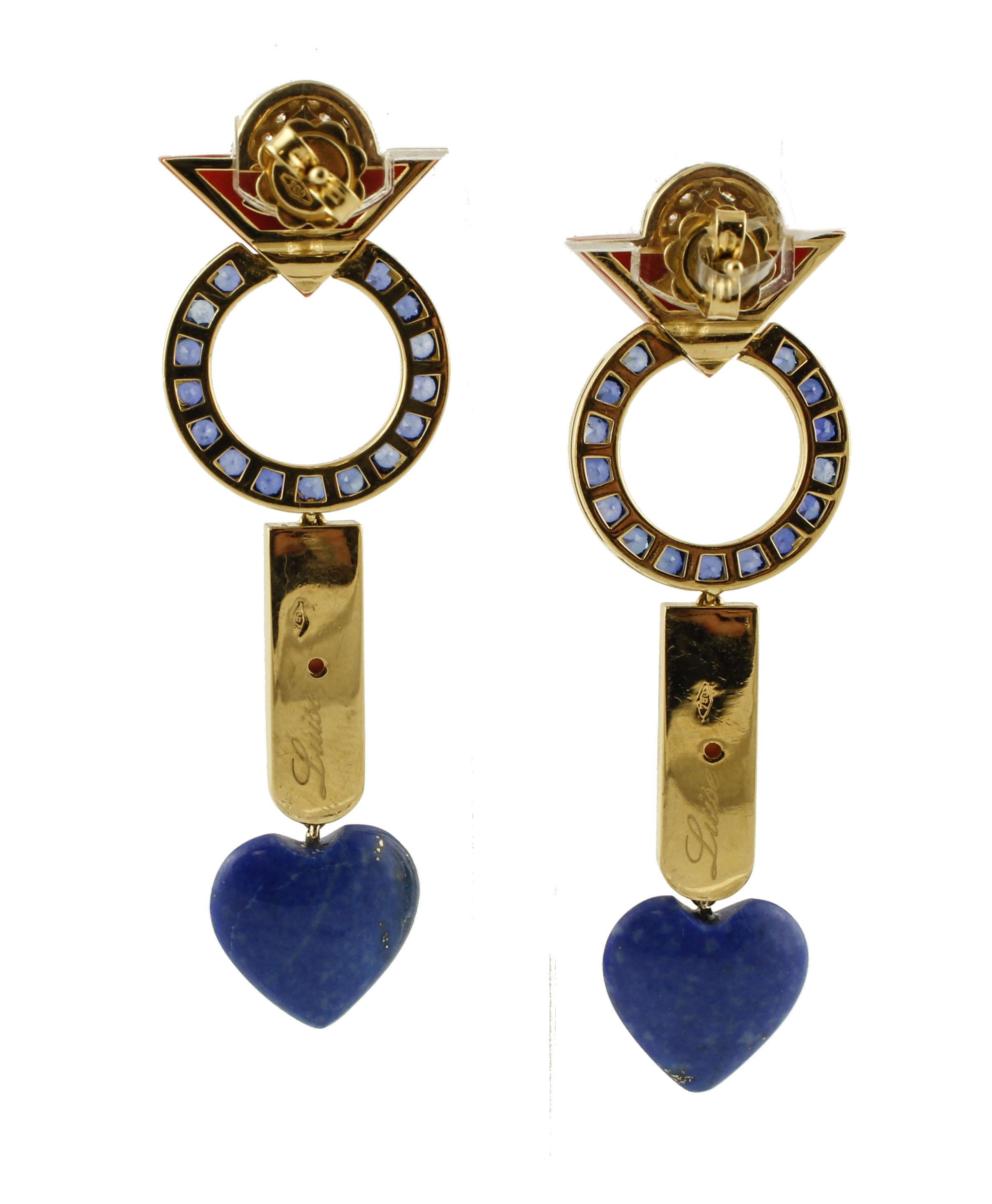 Retro Diamonds, Red Coral, Blue Lapis, Blue Sapphires, 18 Karat Rose Gold Earrings For Sale