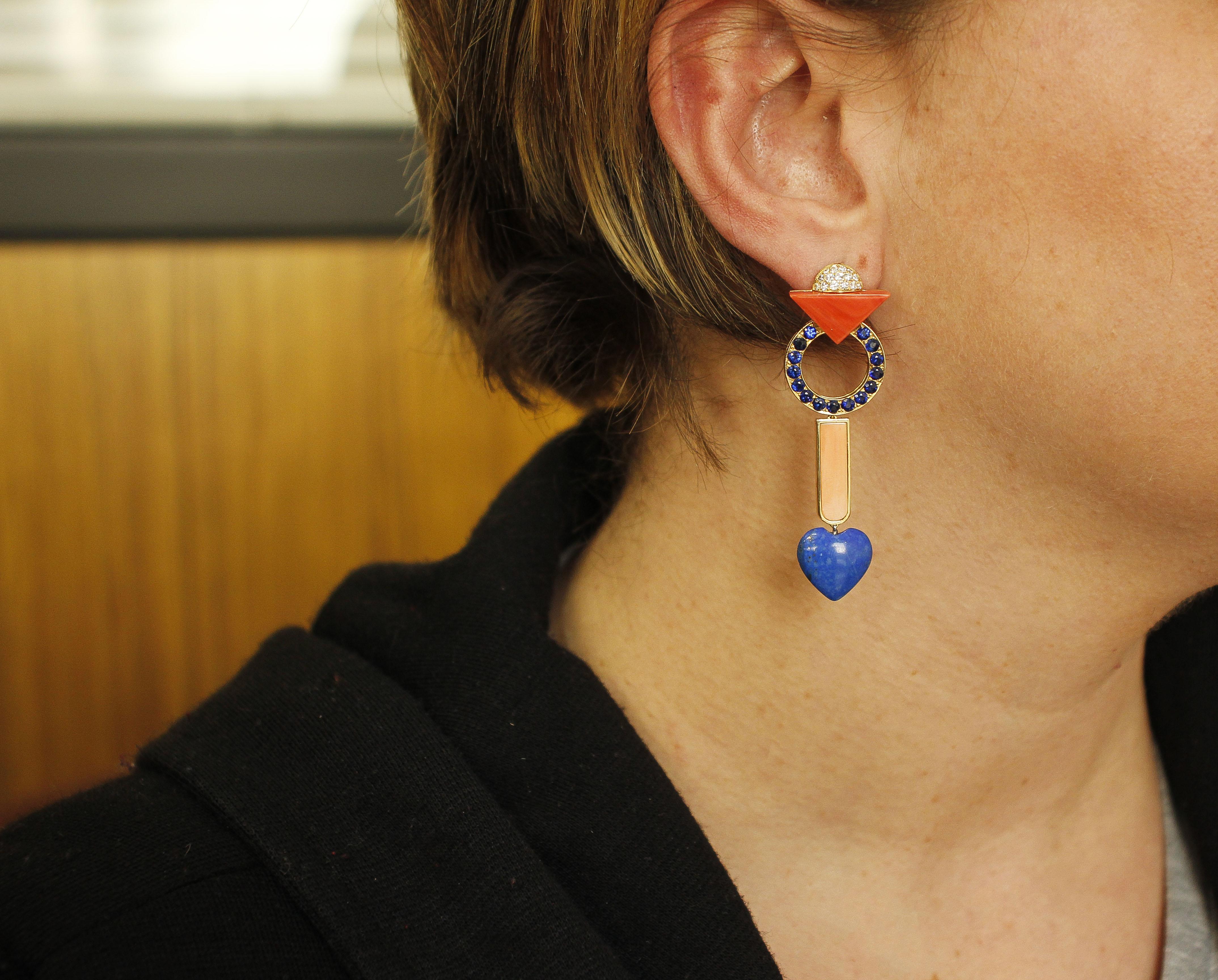 Diamonds, Red Coral, Blue Lapis, Blue Sapphires, 18 Karat Rose Gold Earrings In Excellent Condition For Sale In Marcianise, Marcianise (CE)