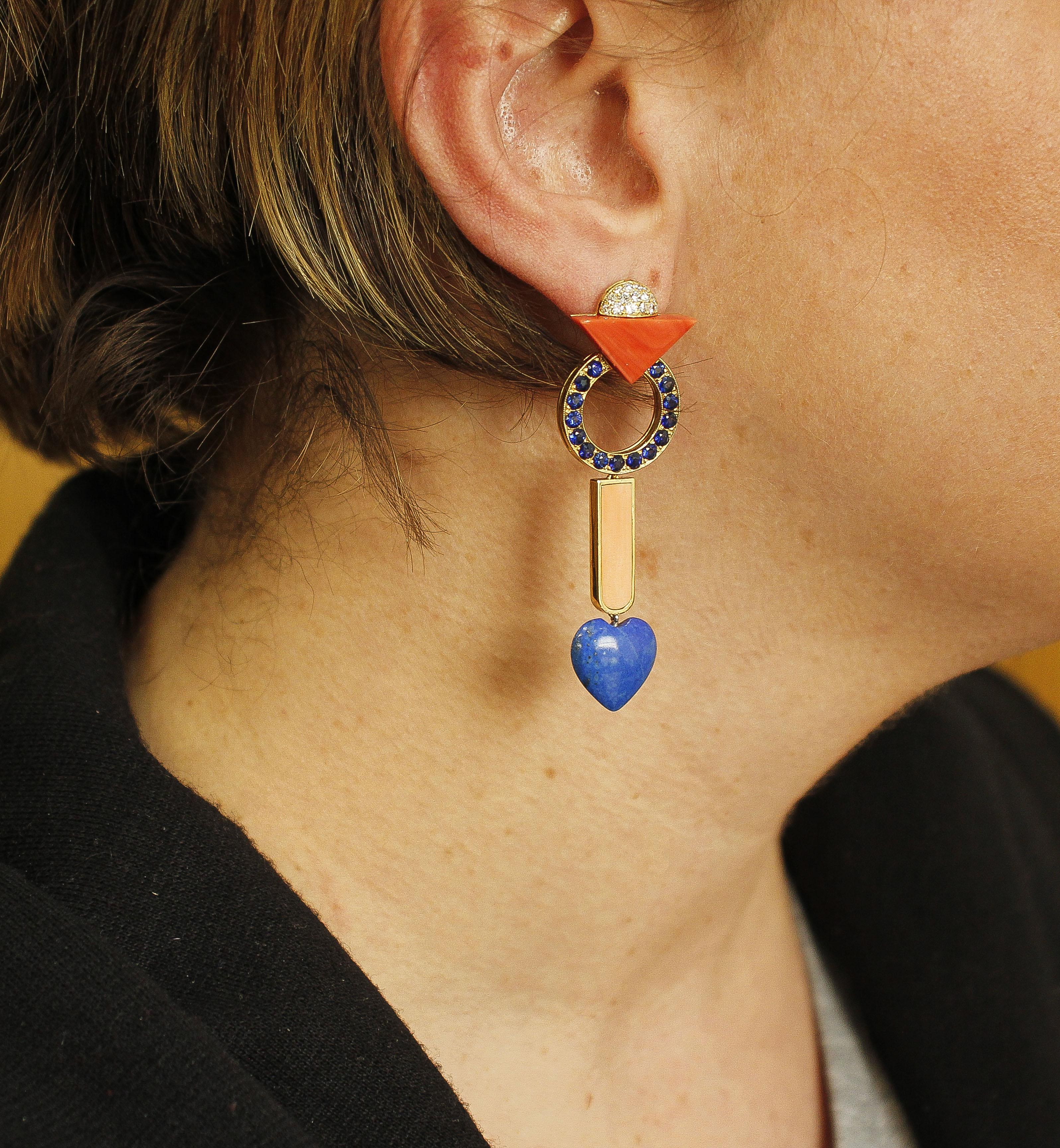 Women's Diamonds, Red Coral, Blue Lapis, Blue Sapphires, 18 Karat Rose Gold Earrings For Sale