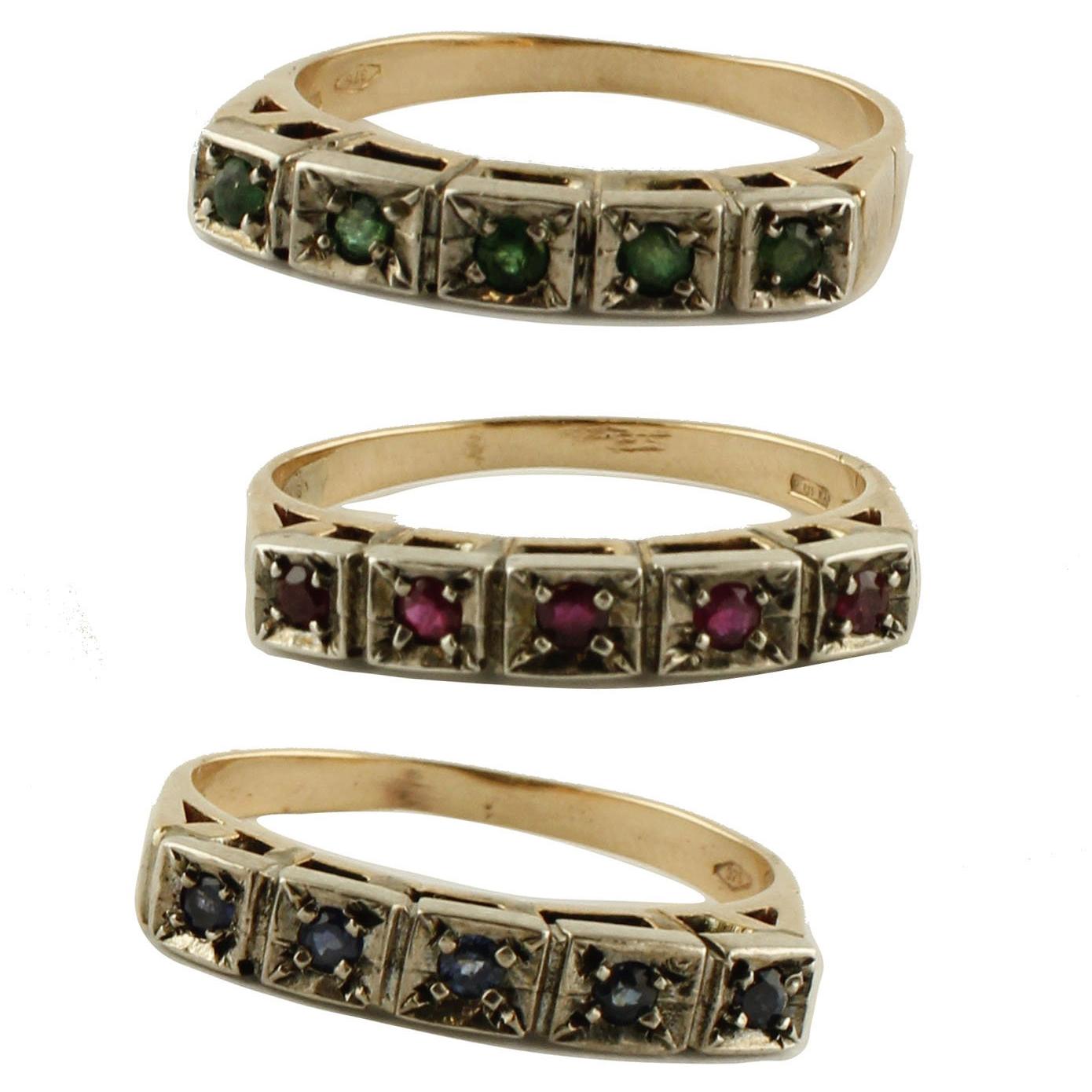 Emeralds, Rubies, Blue Sapphires Rose Gold and Silver Band Ring For Sale