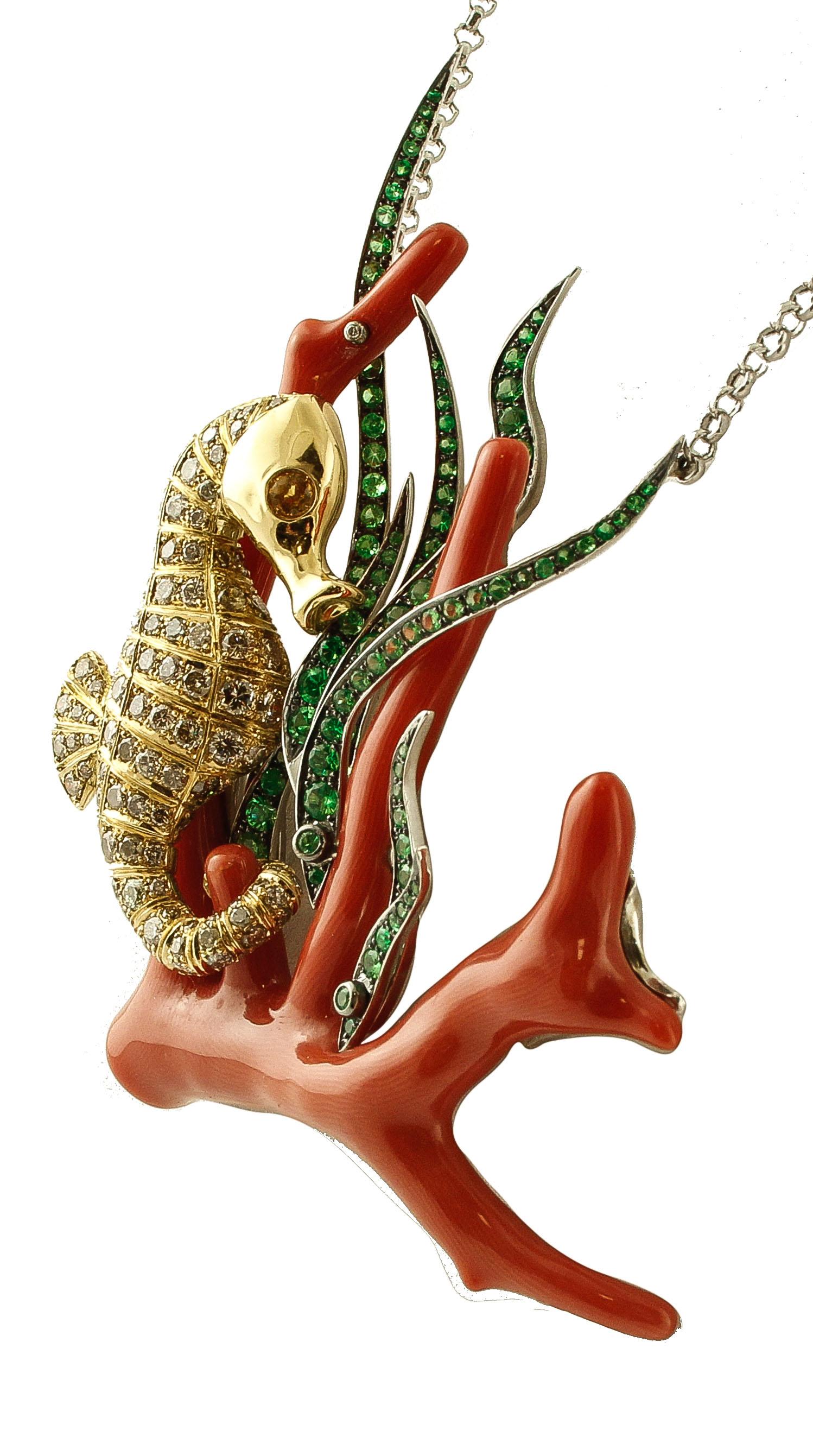 Contemporary Red Coral Branch, Diamonds, Sapphire, Tsavorite, 18 kt  Gold Pendant