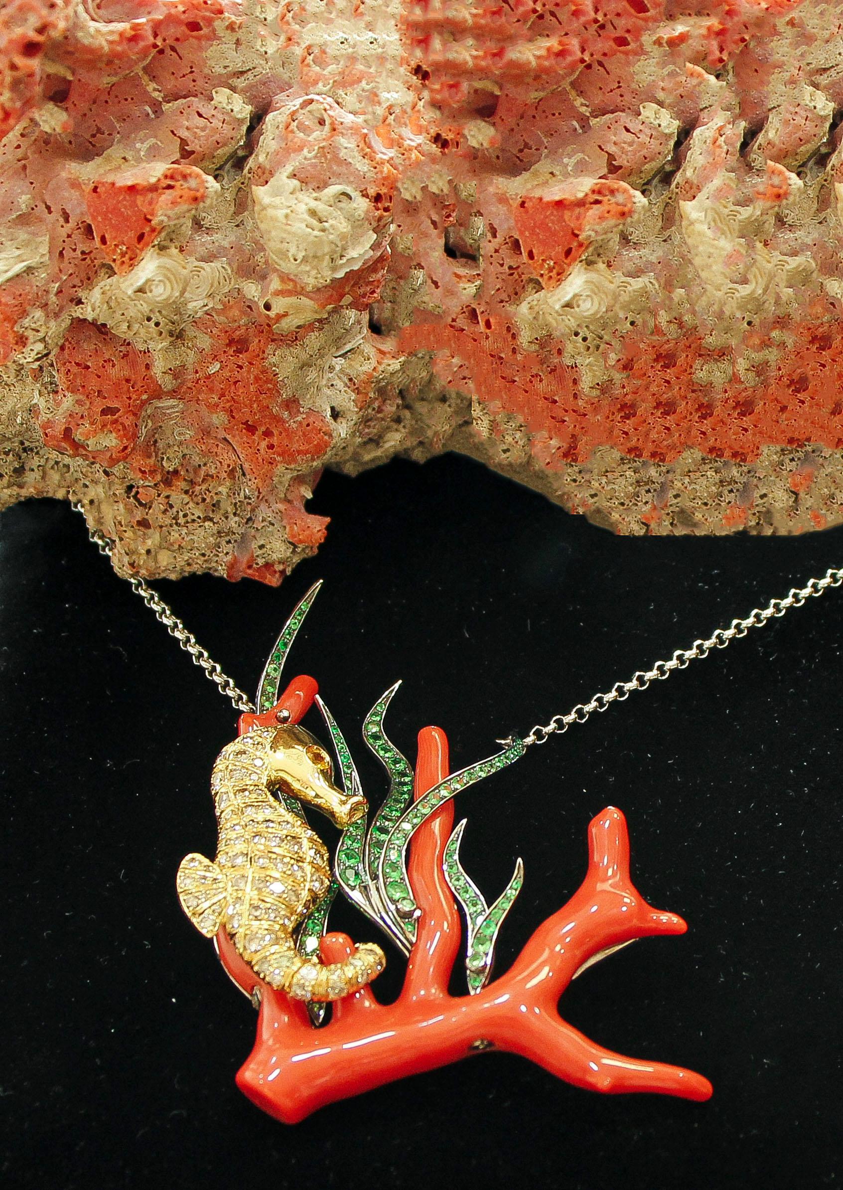 Women's Red Coral Branch, Diamonds, Sapphire, Tsavorite, 18 kt  Gold Pendant
