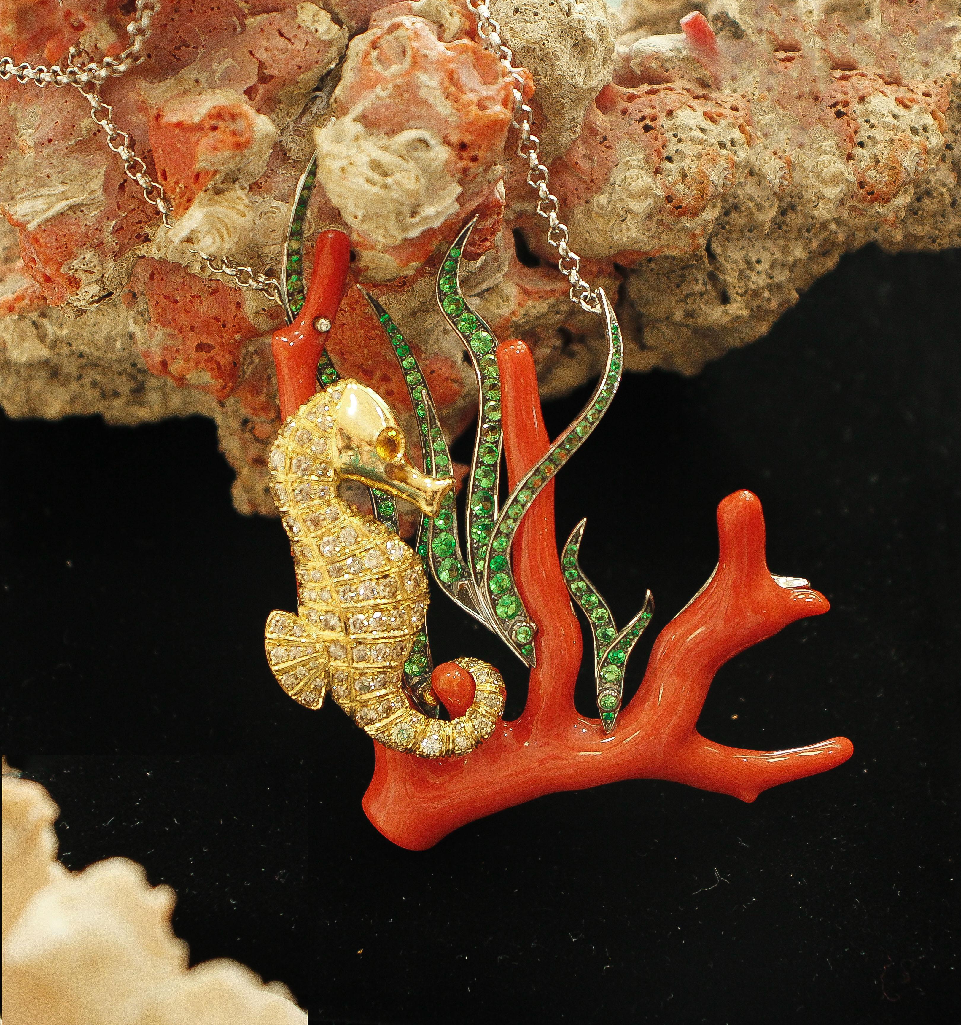 Red Coral Branch, Diamonds, Sapphire, Tsavorite, 18 kt  Gold Pendant 1