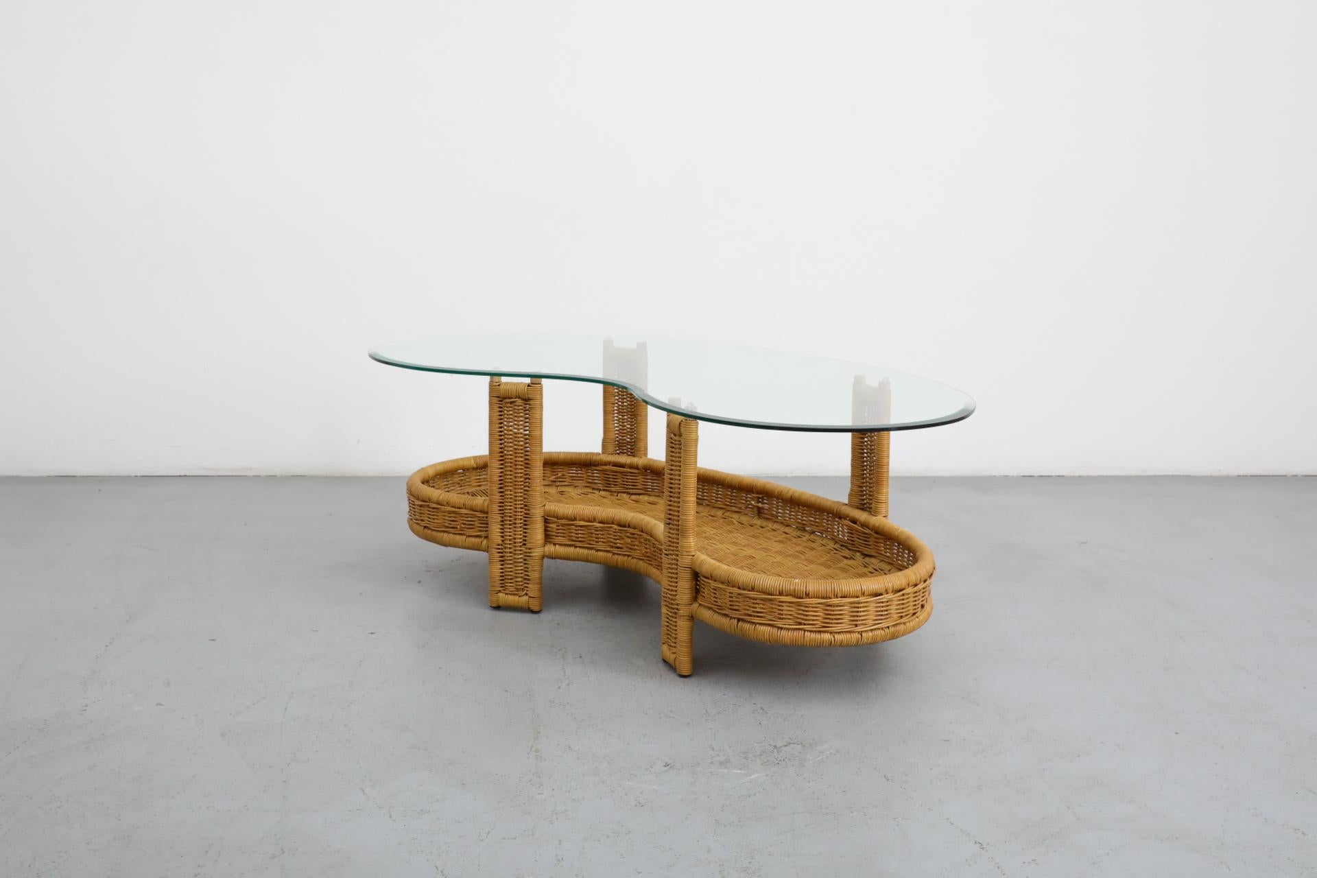 Mid-Century Modern Luit van der Helm Style Woven Rattan Coffee Table with Glass Top