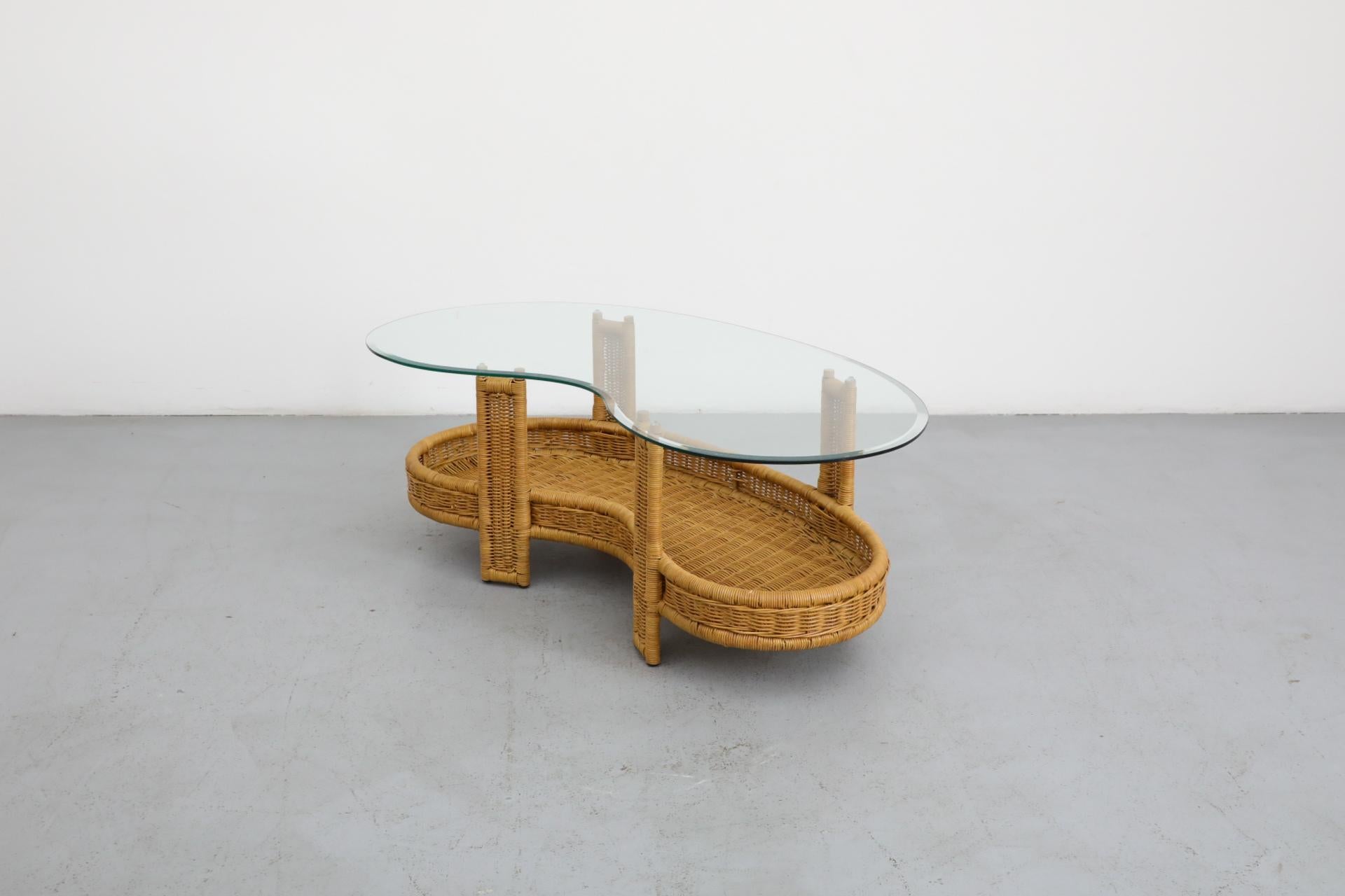 Dutch Luit van der Helm Style Woven Rattan Coffee Table with Glass Top