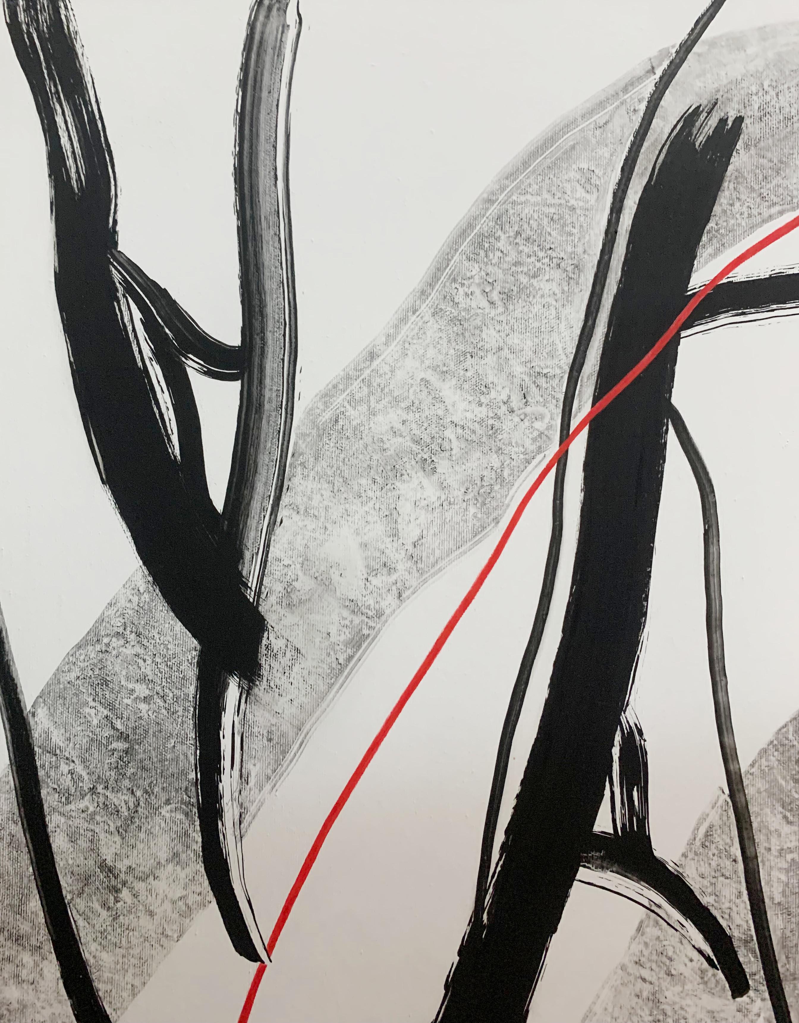 Pintura contemporánea al óleo sobre lienzo de la artista polaca Luiza Kasprzyk. Los colores de la pintura son blanco y negro con un poco de rojo. Las obras están pintadas en estilo lineal y representan contornos de cuerpos humanos. El título de este