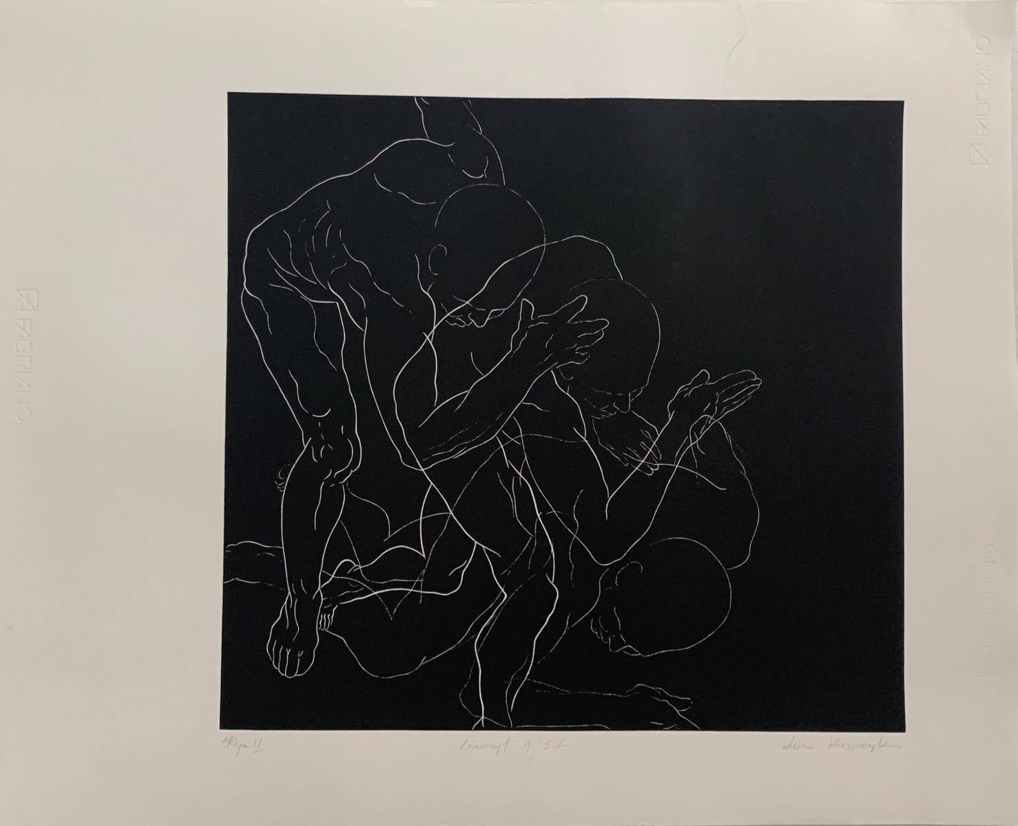 Acción 2 - Joven artista, Grabado figurativo, Linograbado, Blanco y negro - Print de Luiza Kasprzyk