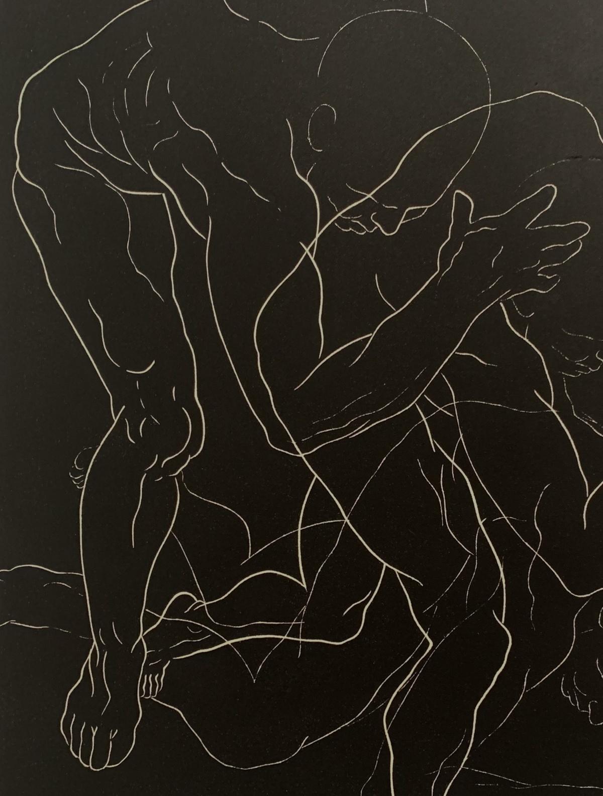 Acción 2 - Joven artista, Grabado figurativo, Linograbado, Blanco y negro - Print Contemporáneo de Luiza Kasprzyk