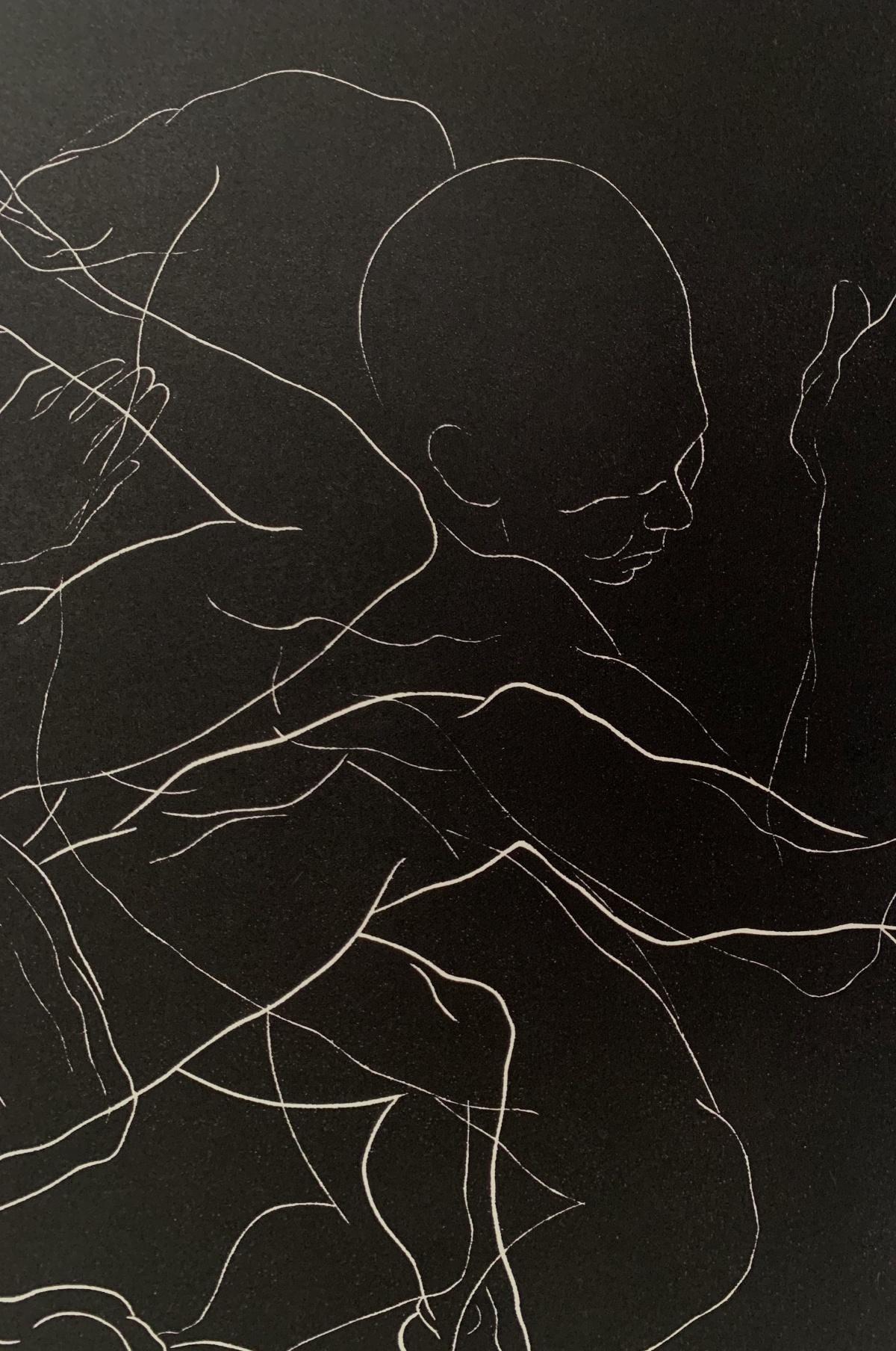 Acción 2 - Joven artista, Grabado figurativo, Linograbado, Blanco y negro - Figurative Print Negro de Luiza Kasprzyk