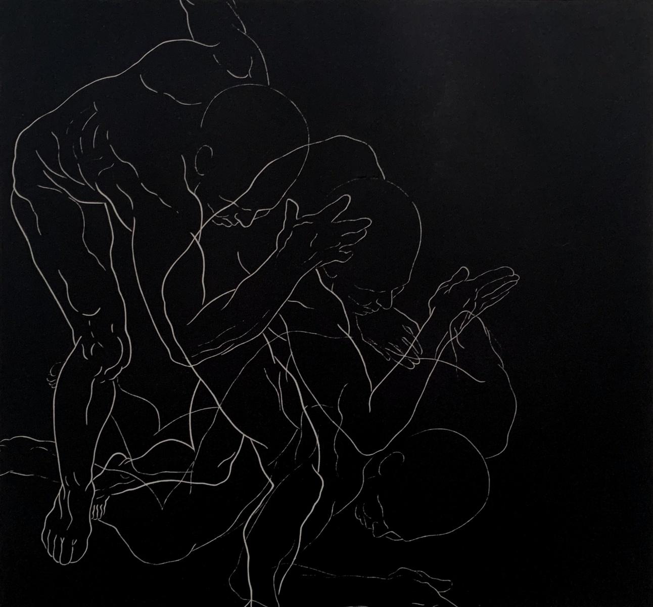 Figurative Print de Luiza Kasprzyk - Acción 2 - Joven artista, Grabado figurativo, Linograbado, Blanco y negro