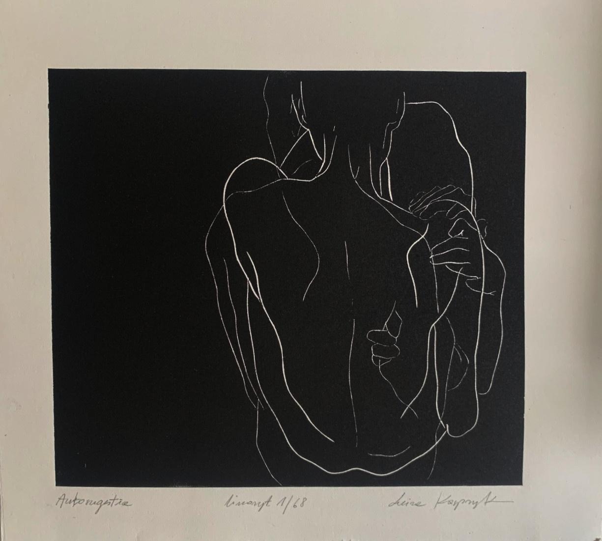 Autosuggestione. Giovane artista, Stampa figurativa Linocut Bianco e nero, Arte polacca - Print di Luiza Kasprzyk