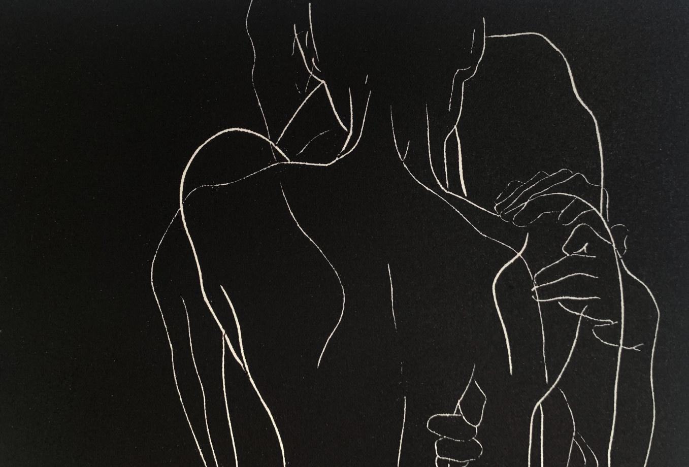 Autosuggestione. Giovane artista, Stampa figurativa Linocut Bianco e nero, Arte polacca - Figurative Print Nero di Luiza Kasprzyk