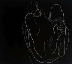 Autosuggestion. Der junge Künstler, figurativer Druck in Schwarz-Weiß im Linoschliff, polnische Kunst