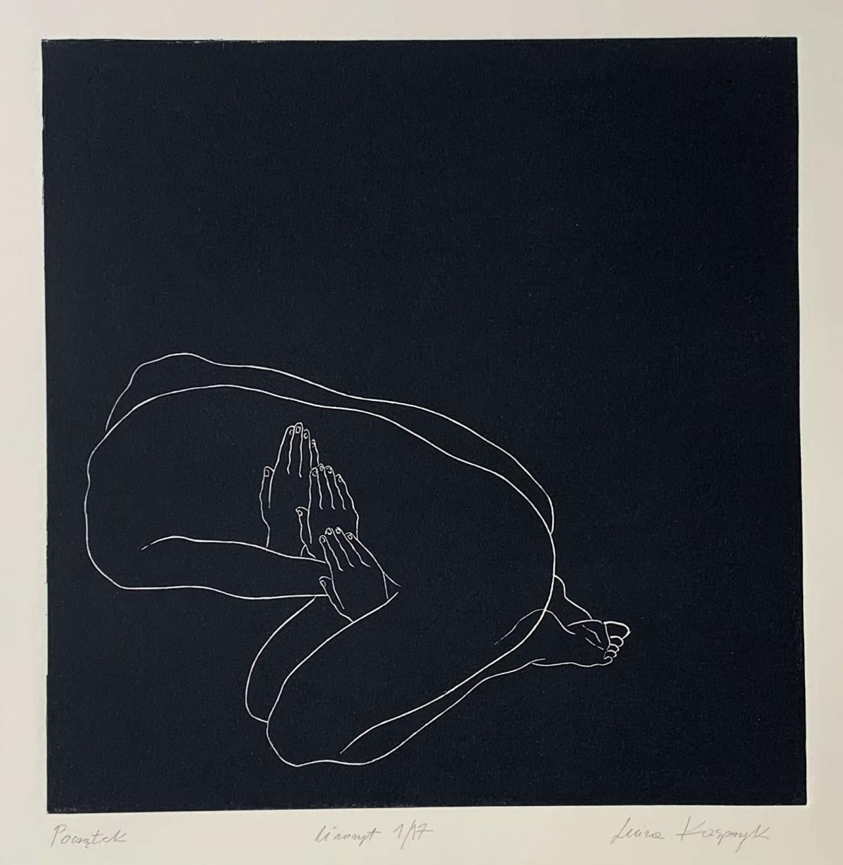 Principios - Siglo XXI, Joven artista, Grabado figurativo, Linograbado, Blanco y negro - Print Contemporáneo de Luiza Kasprzyk
