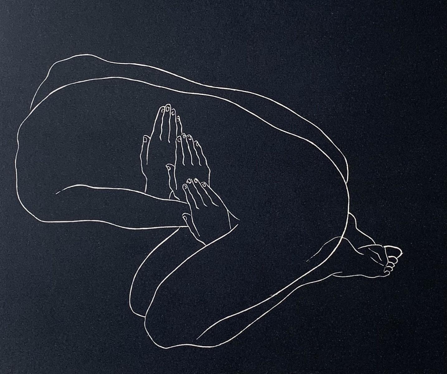 Principios - Siglo XXI, Joven artista, Grabado figurativo, Linograbado, Blanco y negro - Figurative Print Negro de Luiza Kasprzyk