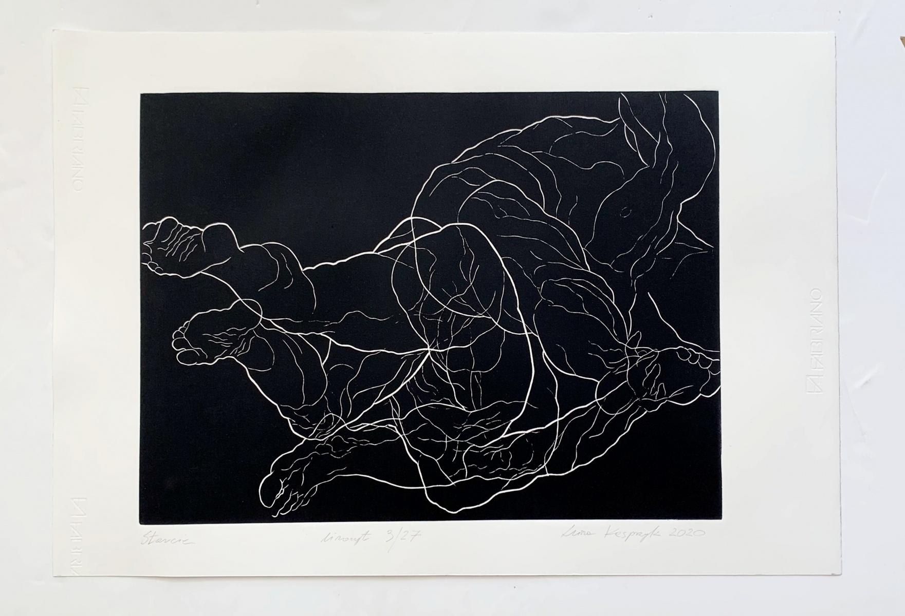 Clash - Young artist, Figurative print, Linocut, Black & white - Print by Luiza Kasprzyk