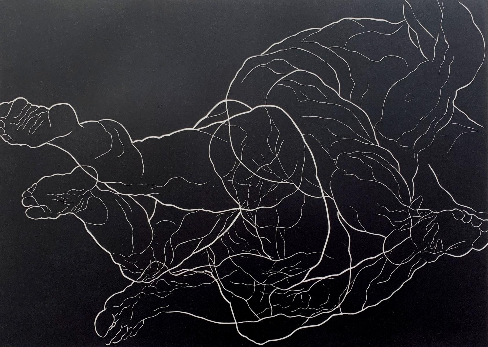 Figurative Print de Luiza Kasprzyk - Clash - Artista joven, Grabado figurativo, Linograbado, Blanco y negro