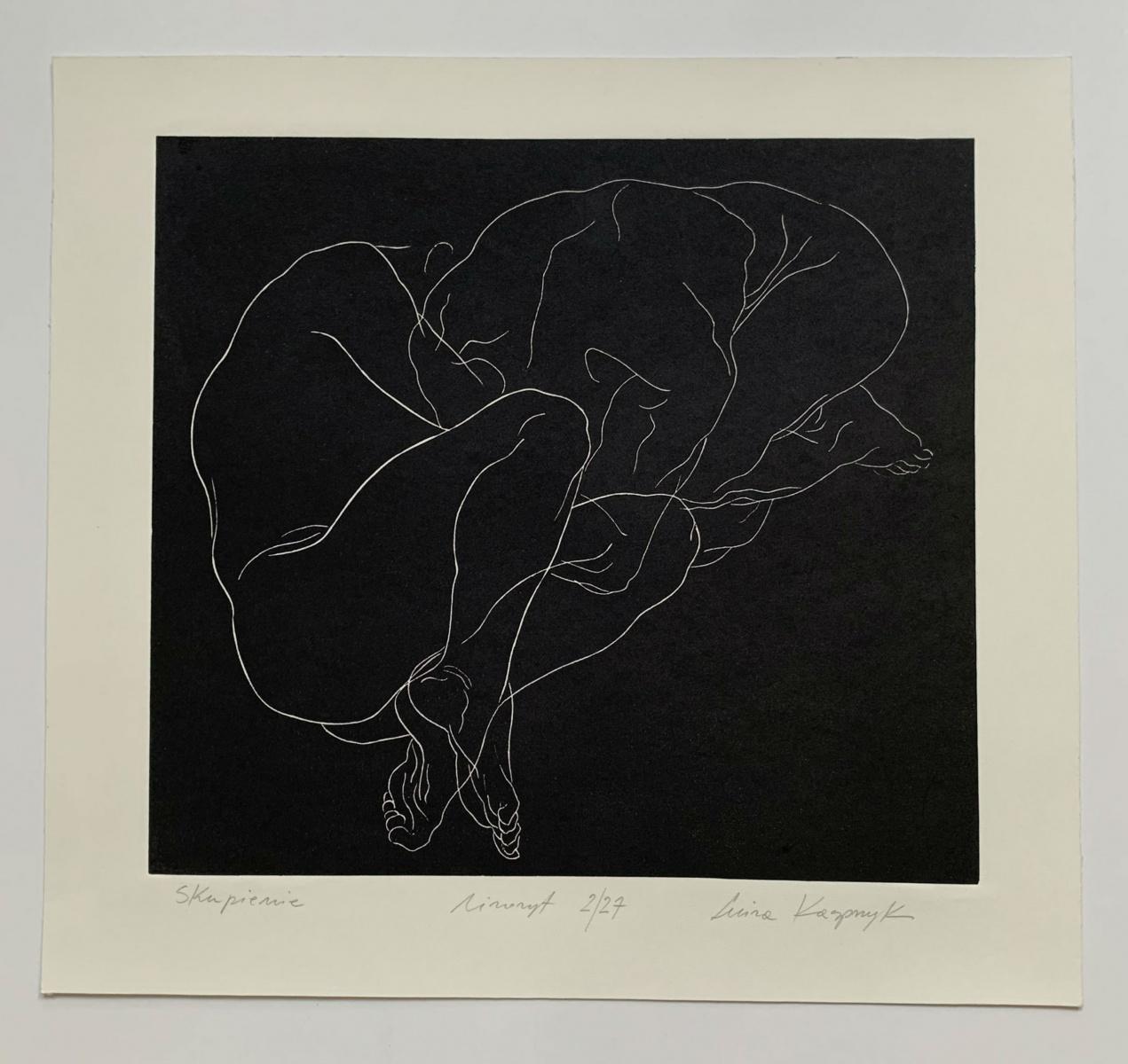 Concentración - Artista joven, Grabado figurativo, Linograbado, Blanco y negro - Print de Luiza Kasprzyk