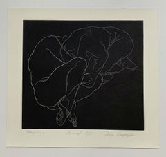 Concentration - Young artist, Figurative print, Linocut, Black & white