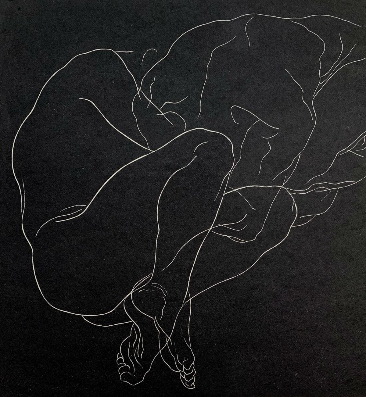 Concentración - Artista joven, Grabado figurativo, Linograbado, Blanco y negro - Figurative Print Negro de Luiza Kasprzyk