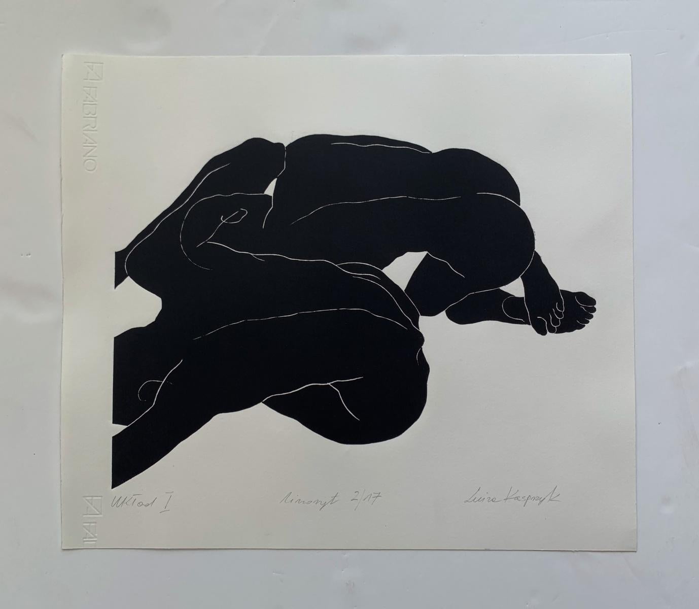 Configuration I - Young artist, Figurative print, Linocut, Black & white - Print by Luiza Kasprzyk