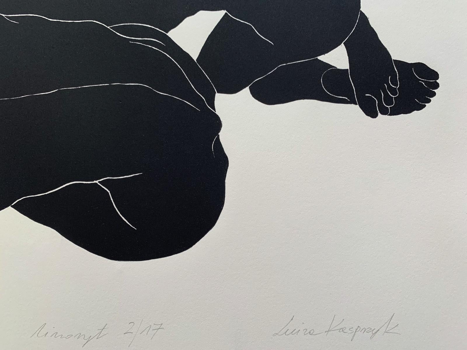 Configuration I - Young artist, Figurative print, Linocut, Black & white - Gray Figurative Print by Luiza Kasprzyk