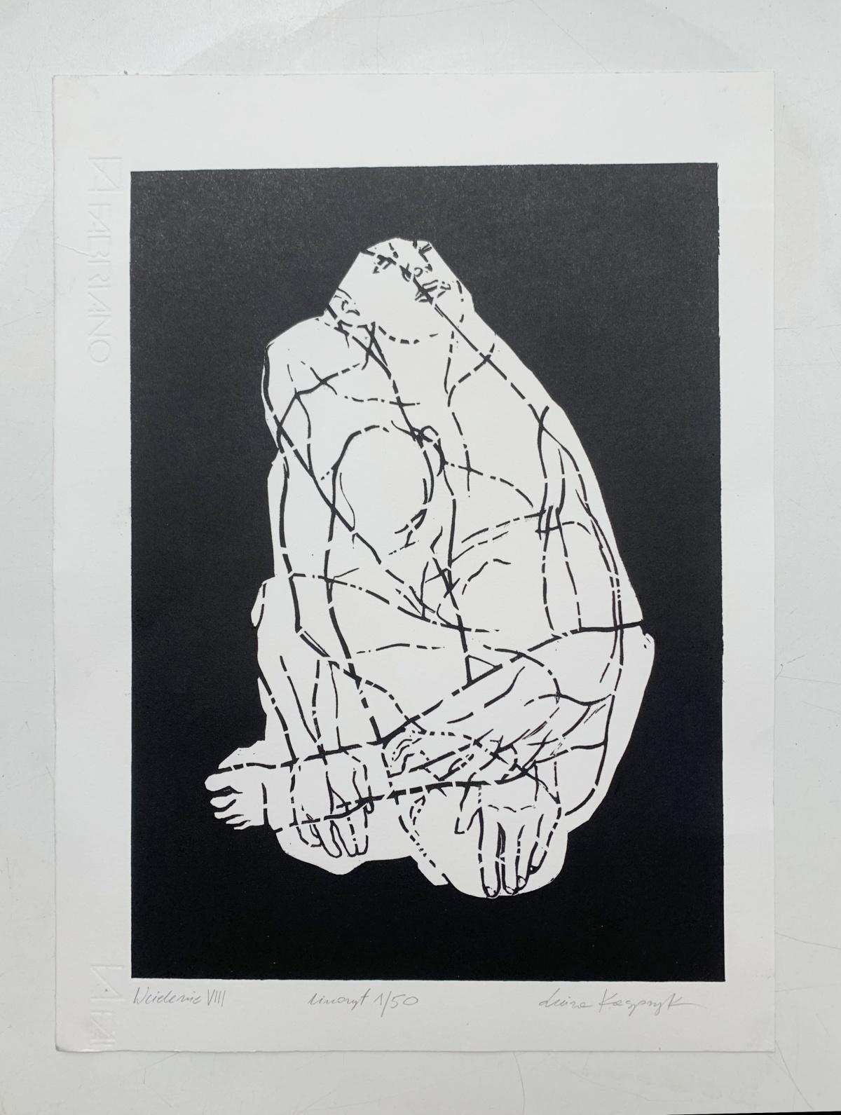 Incarnation 3. Junger Künstler, figurativer Druck, Linolschnitt, Schwarz-Weiß, Polnische Kunst – Print von Luiza Kasprzyk