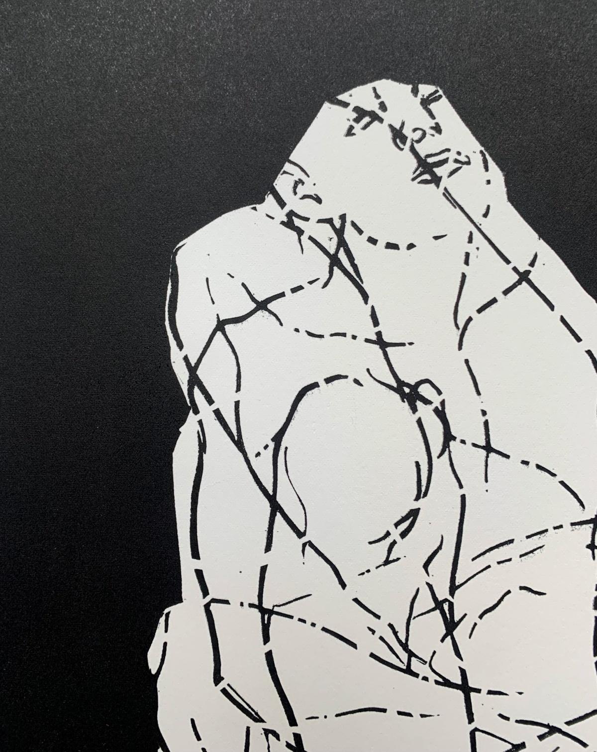 Black and white contemporary figurative linocut by Polish artist Luiza Kasprzyk. Artwork comes from limited edition of 50. Print depicts bodies permeating each other. 

LUIZA KASPRZYK
Studied at the Faculty of Graphics and Painting at the Academy of