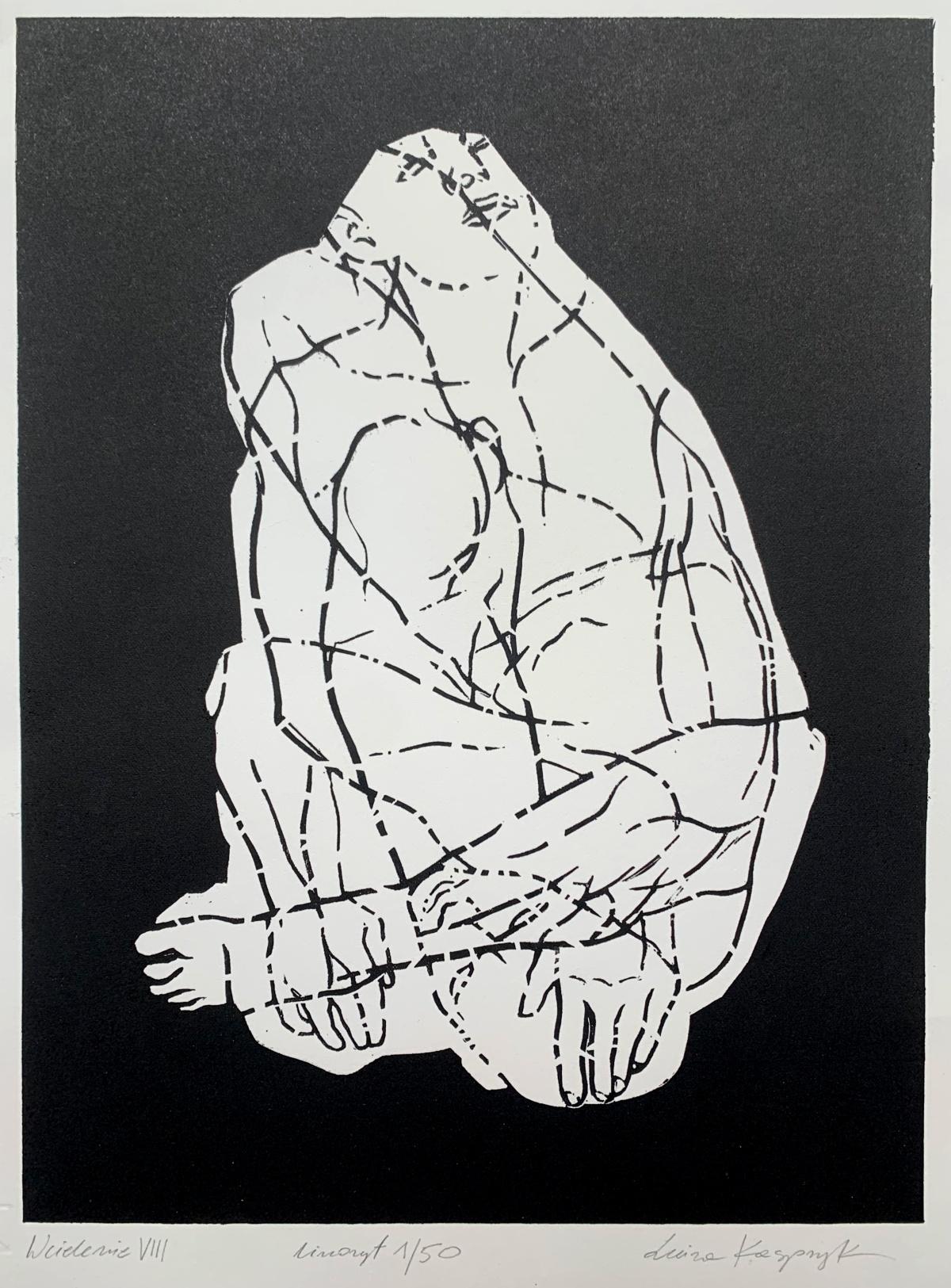 Luiza Kasprzyk Figurative Print – Incarnation 3. Junger Künstler, figurativer Druck, Linolschnitt, Schwarz-Weiß, Polnische Kunst