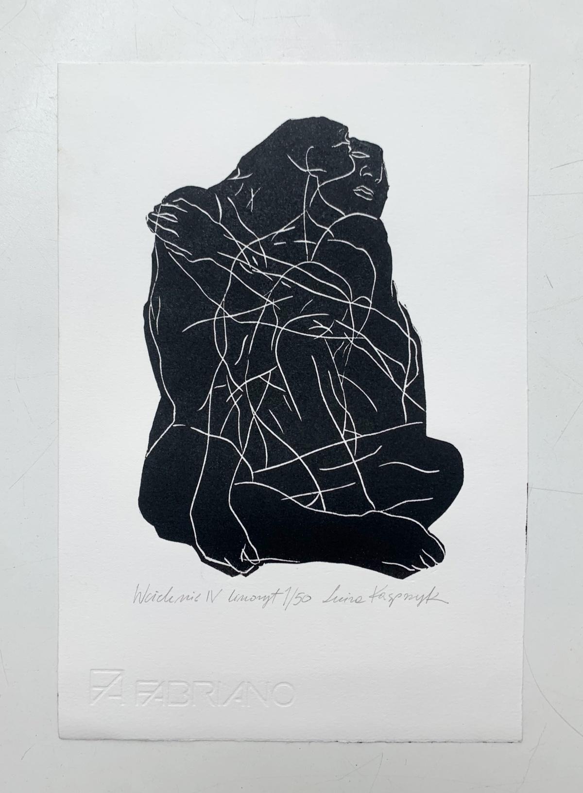 Incarnation 4. Junger Künstler, figurativer Druck, Linolschnitt, Schwarz-Weiß, Polnische Kunst – Print von Luiza Kasprzyk