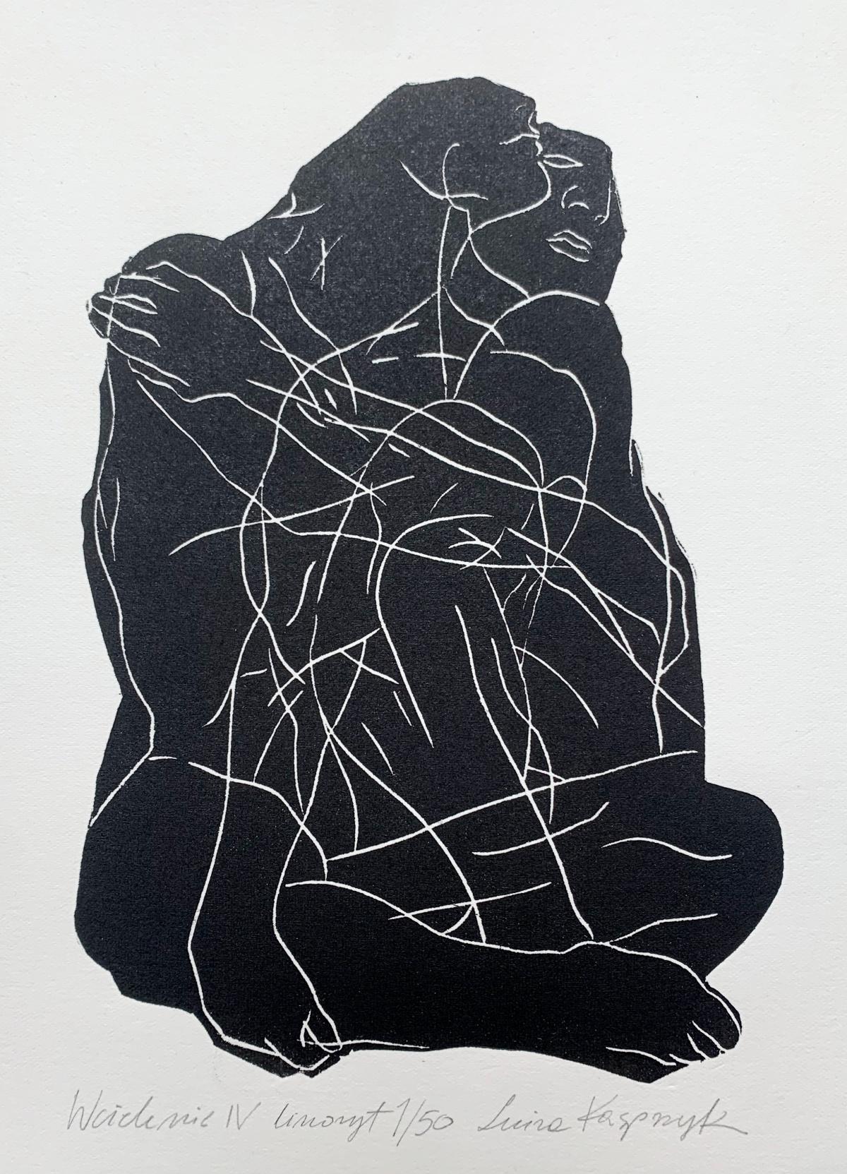 Luiza Kasprzyk Figurative Print – Incarnation 4. Junger Künstler, figurativer Druck, Linolschnitt, Schwarz-Weiß, Polnische Kunst