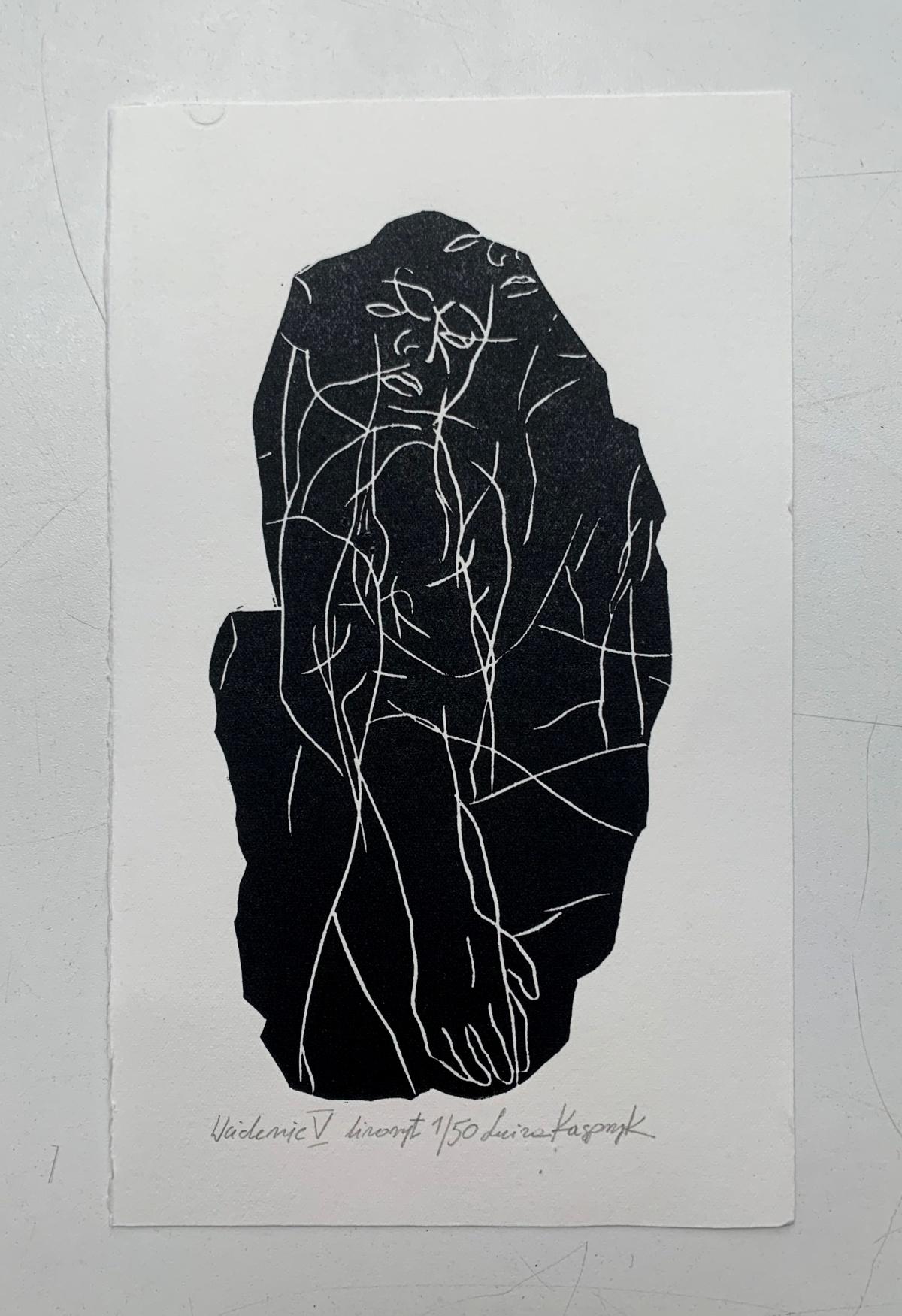 Incarnation 5. Young artist, Figurative print Linocut, Black & white, Polish art - Contemporary Print by Luiza Kasprzyk