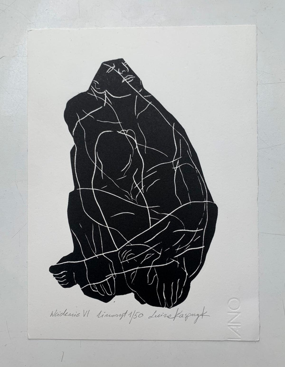 Incarnation 6. Junger Künstler, figurativer Druck, Linolschnitt, Schwarz-Weiß, Polnische Kunst (Zeitgenössisch), Print, von Luiza Kasprzyk