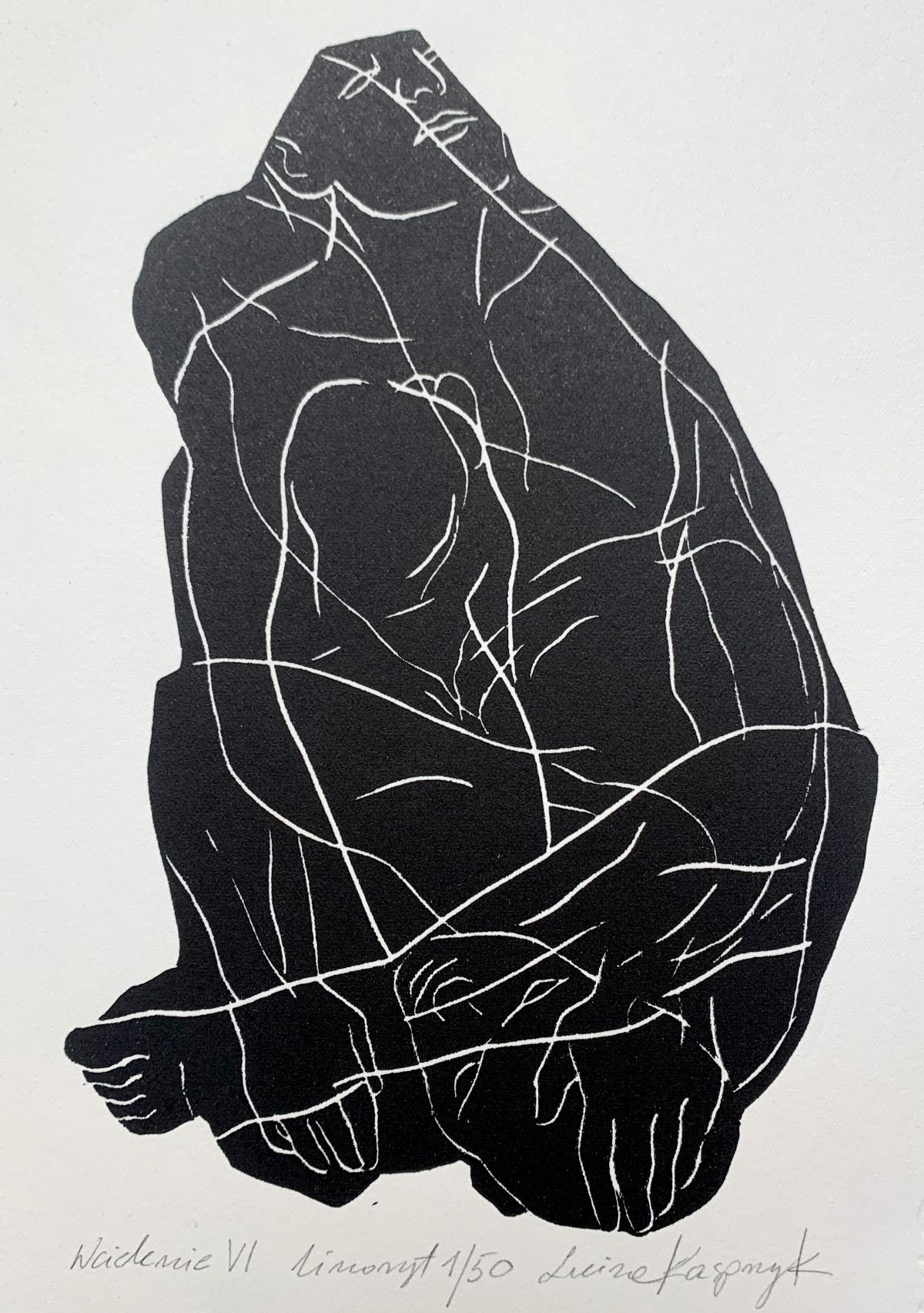 Luiza Kasprzyk Figurative Print – Incarnation 6. Junger Künstler, figurativer Druck, Linolschnitt, Schwarz-Weiß, Polnische Kunst