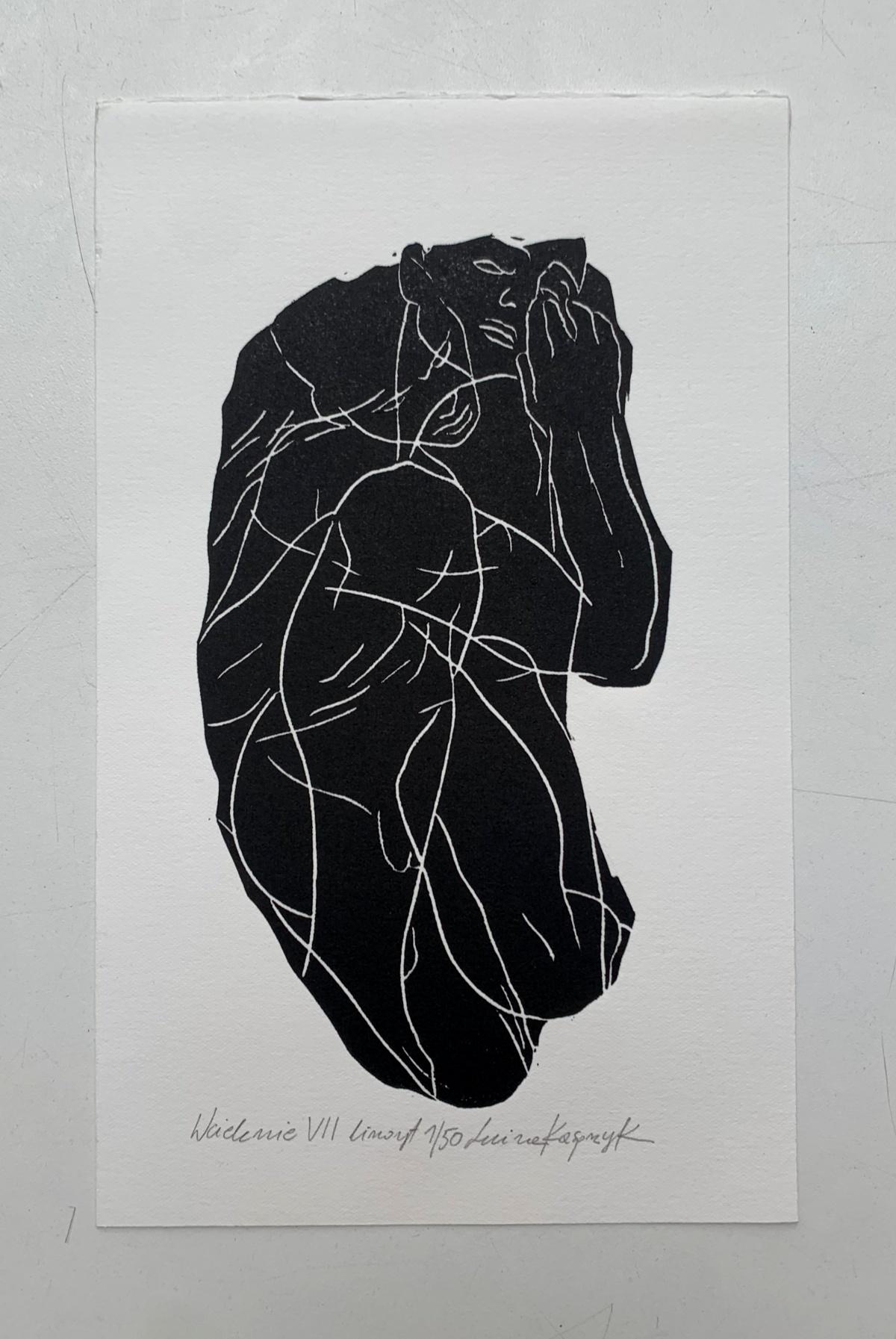 Incarnation 7. Junger Künstler, Figurativer Druck, Linolschnitt, Schwarz-Weiß, Polnische Kunst (Zeitgenössisch), Print, von Luiza Kasprzyk