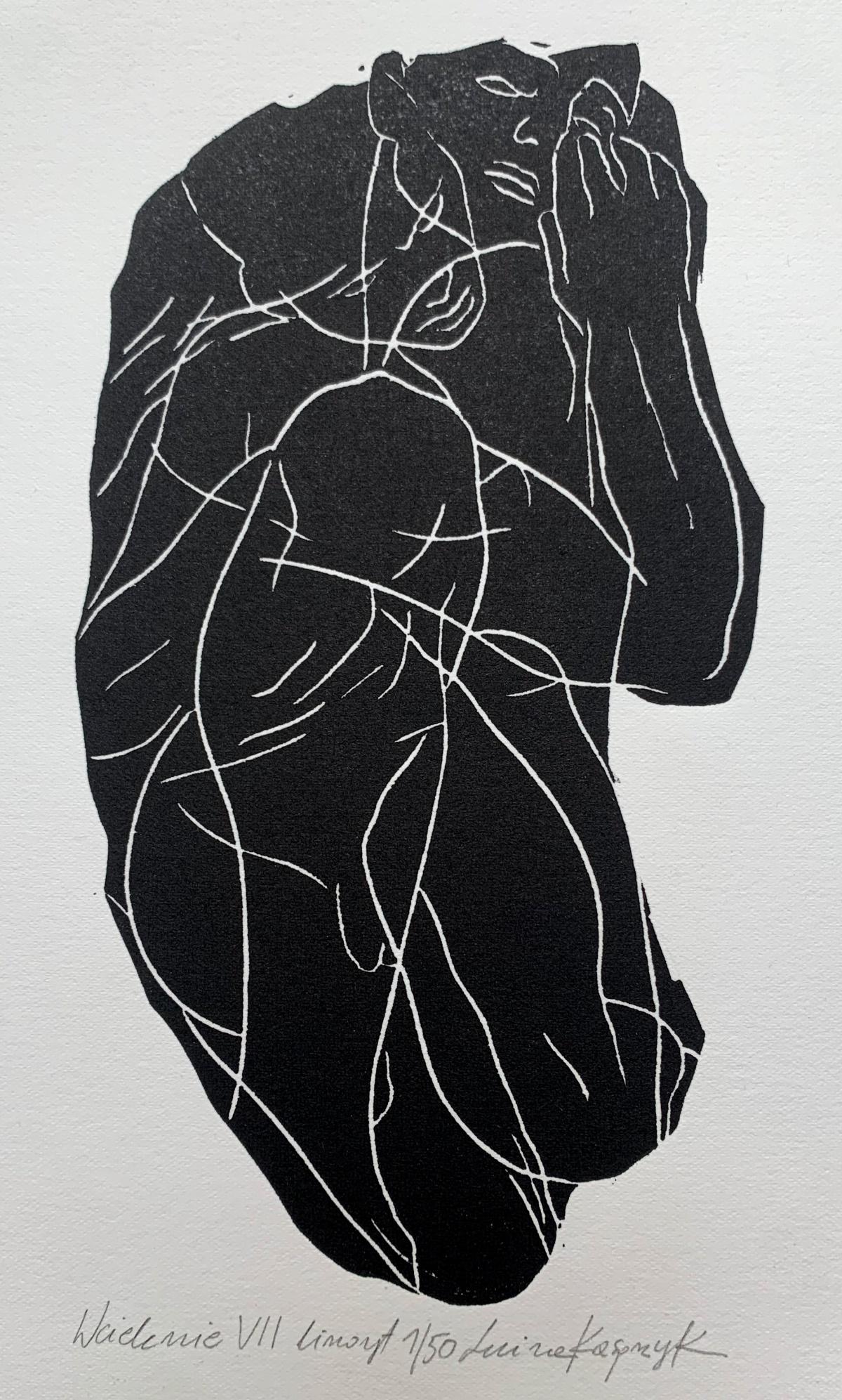 Luiza Kasprzyk Figurative Print – Incarnation 7. Junger Künstler, Figurativer Druck, Linolschnitt, Schwarz-Weiß, Polnische Kunst