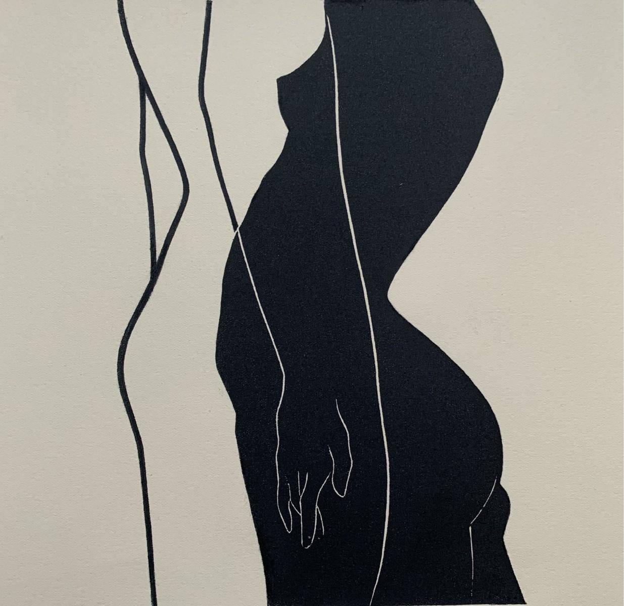 Luiza Kasprzyk Figurative Print - Joint space - Young artist, Figurative print, Linocut, Black & white