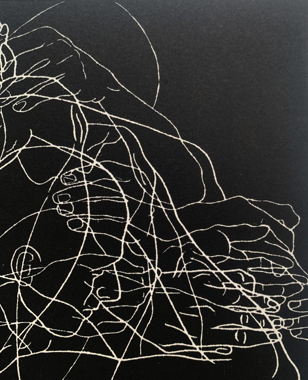 Señales. Joven artista, Grabado figurativo, Linograbado, Blanco y negro, Arte polaco - Print de Luiza Kasprzyk