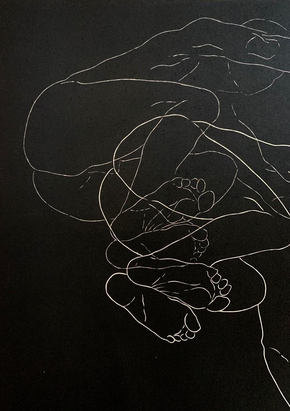Il campione - Giovane artista, Stampa figurativa, Linoleografia in bianco e nero, Arte polacca - Print Contemporaneo di Luiza Kasprzyk