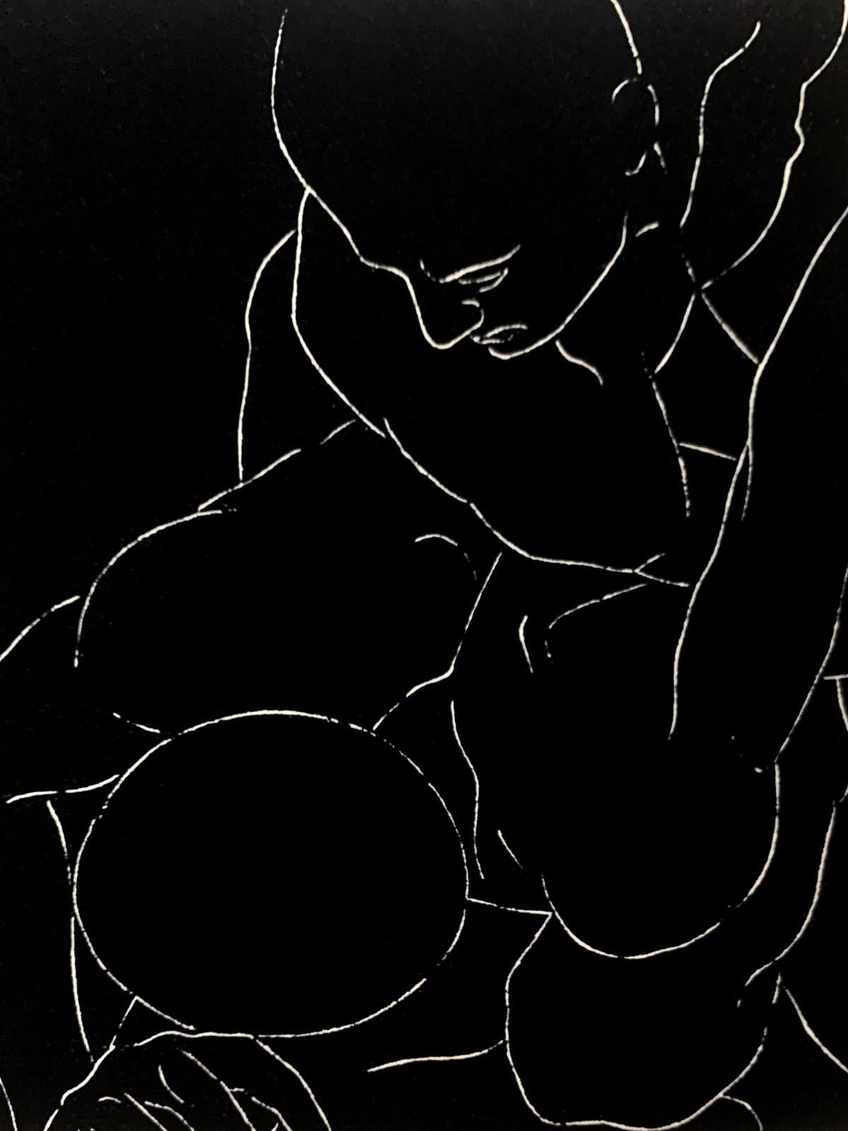 The wrestlers - Young artist, Figurative print Linocut Black & white, Polish art - Print by Luiza Kasprzyk