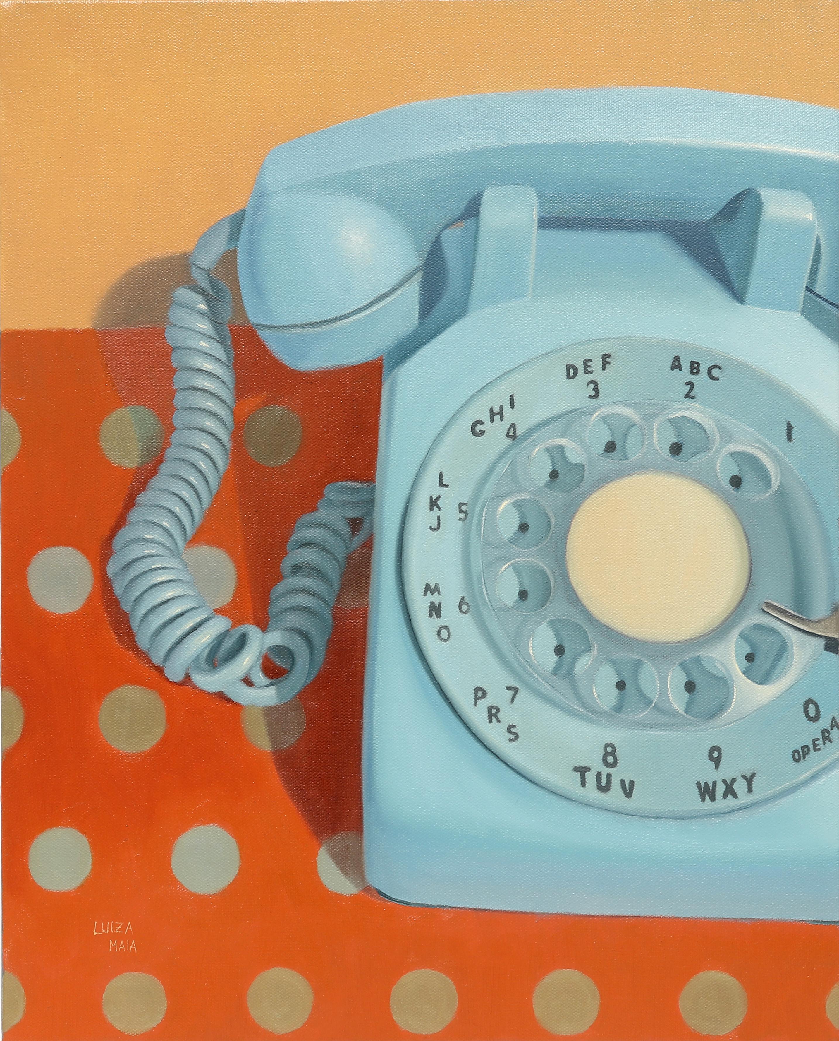Blauer Rotary-Telephone-Original-Realismus  Stillleben Ölgemälde - Zeitgenössische Kunst