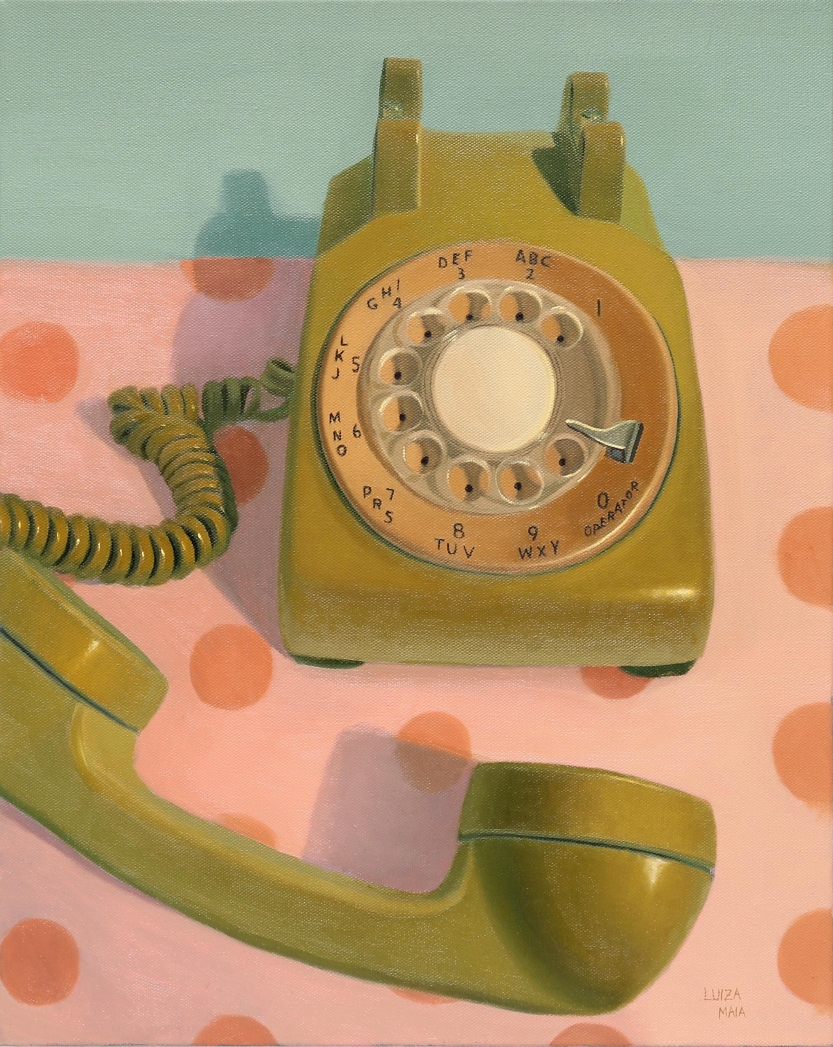 Grünes Telefon-originale Realismus Stillleben Retro-Ölgemälde-Zeitgenössische Kunst