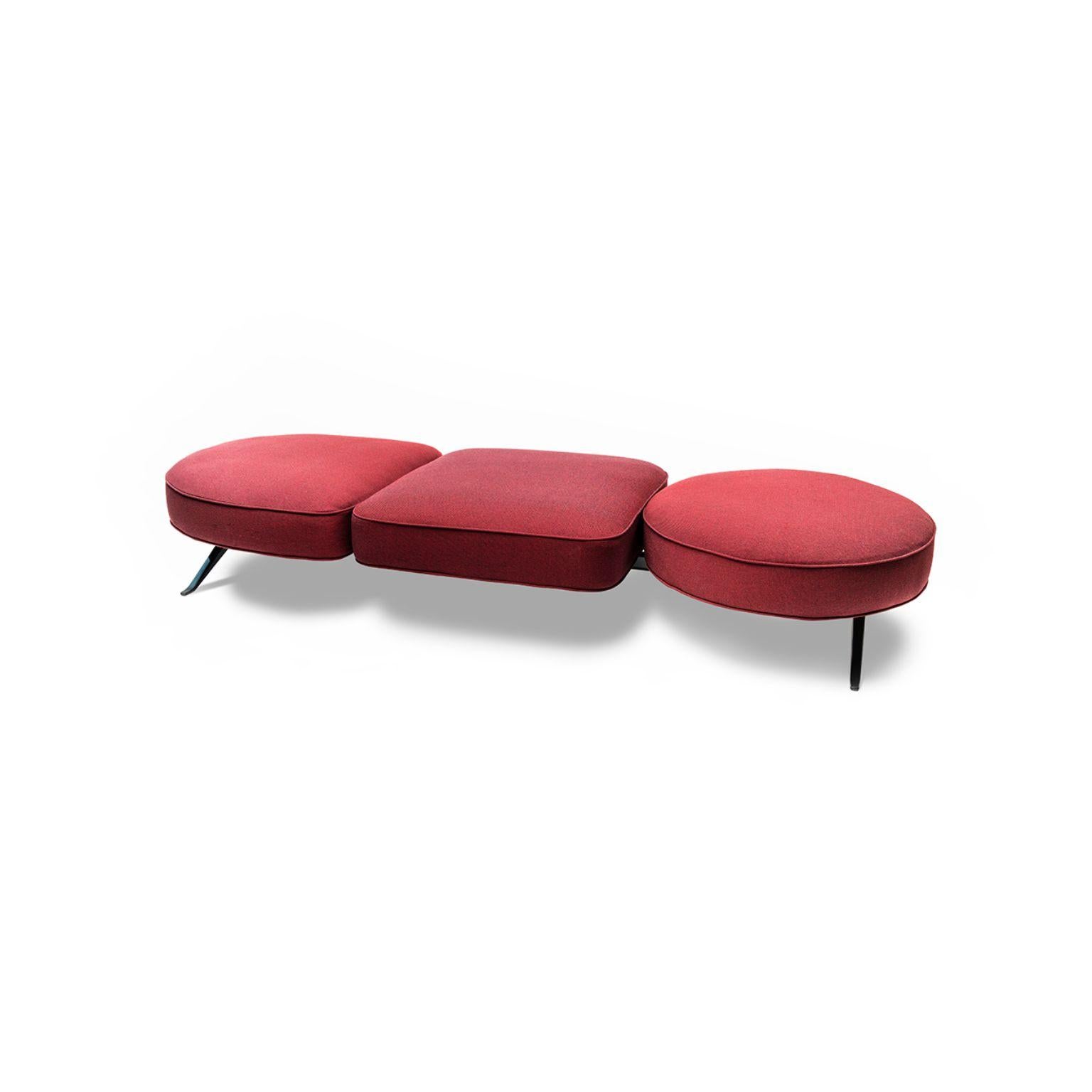 Luizet 3 seats without back modular sofa by Luca Nichetto
Materials: Upholstery: Fabric 
 Top: Verde Marinace granite/Emperador Silver dark/Emperador Tundra/Red marble/Terrazzo 
 Botticino marble or Noce Canaletto wood
Structure: Powder-coated