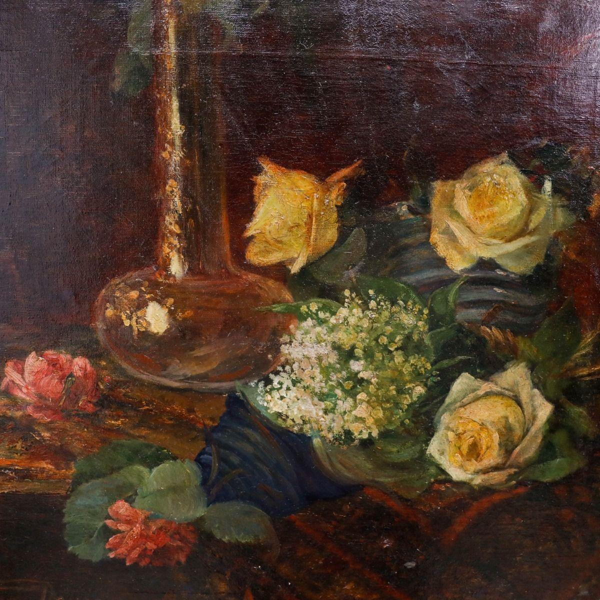 Luizo Denis - Gerahmtes Öl des späten 19. Jahrhunderts, Sommerrosen im Angebot 2