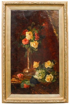Luizo Denis - Gerahmtes Öl des späten 19. Jahrhunderts, Sommerrosen