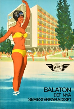 Original Retro Ibusz Travel Poster Balaton Hungary New Holiday Paradise Resort