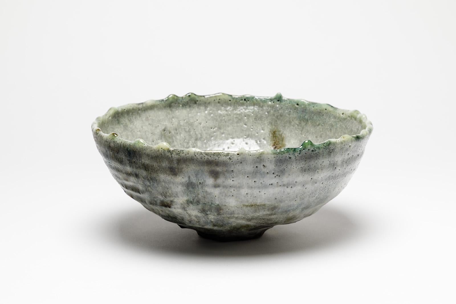French Lukas Richarz Grey and Blue Stoneware Pottery Ceramic Bowl or Basket Handmade