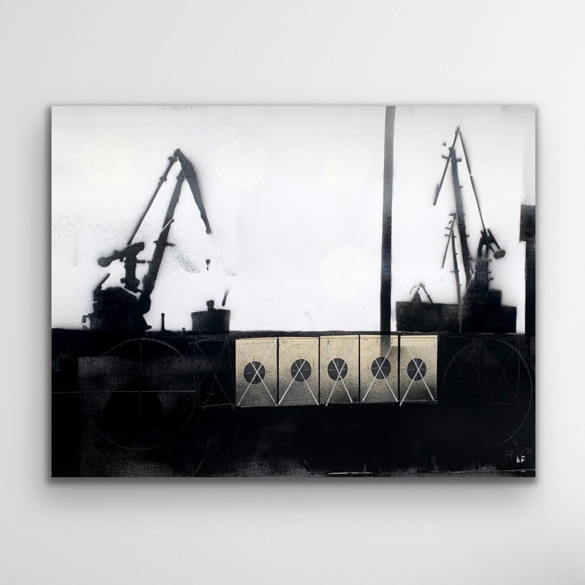 Cranes 3 - Black & white painting, Mixed media, Collage, Polish art For Sale 1