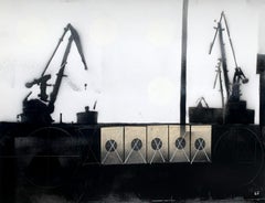 Cranes 3 - Black & white painting, Mixed media, Collage, Polish art