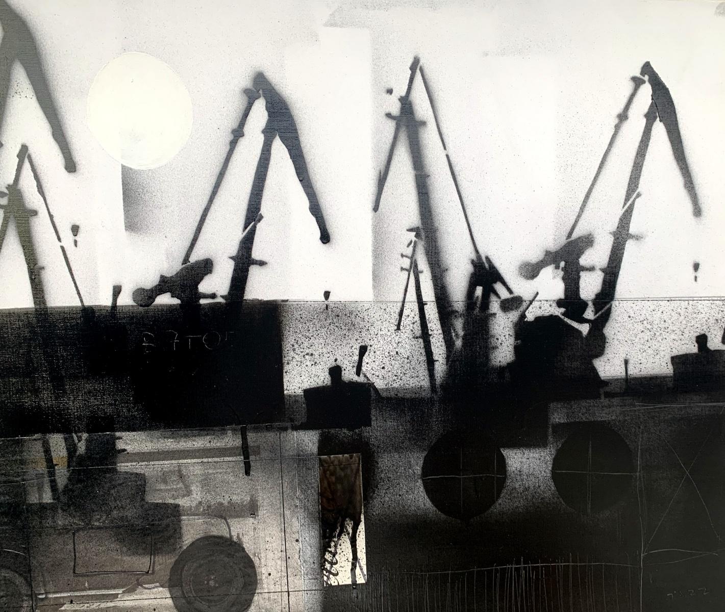 Cranes 4 - Black & white painting, Mixed media, Collage, Polish art - Painting by Lukasz Fruczek